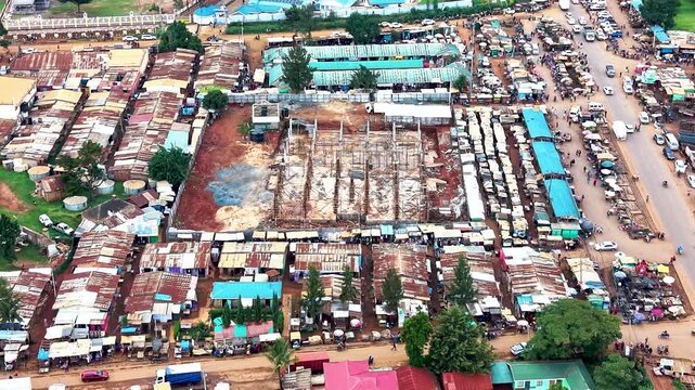 Aerial drone view of rural roads in kenya, Rural roads village poverty slums northern kenya