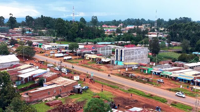 Aerial drone view of rural roads in kenya, Rural roads village poverty slums northern kenya