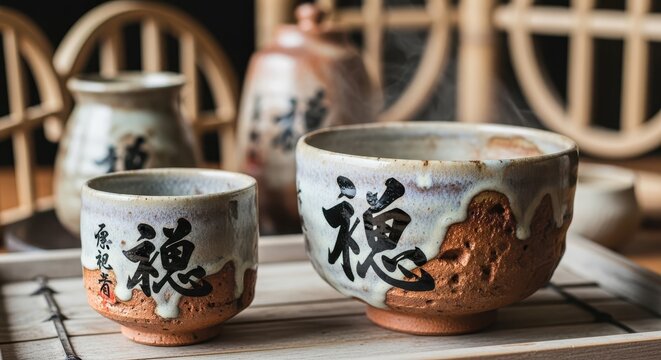 Traditional Japanese Ceramic Tea Bowls with Calligraphy and Steam on a Wooden Tray for Zen Tea Ceremony
