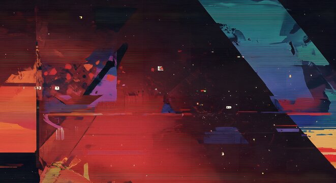 Abstract digital glitch background with geometric shapes and scanlines