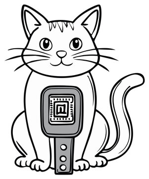 Adorable outline illustration: Cartoon Cat with smart watch showing labyrinth pattern. Line art pet, wearable technology for animal safety and tracking
