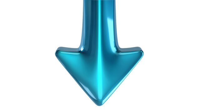 Shiny metallic blue arrow pointing down, isolated on transparent background