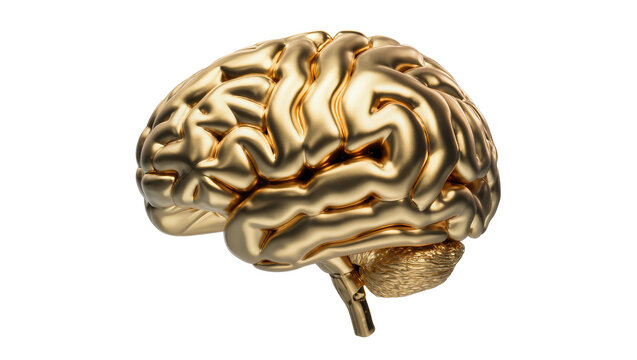 Shiny golden human brain sculpture, isolated on transparent background