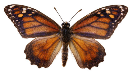 Monarch butterfly with orange black and white patterned wings, isolated on transparent background © TONSTOCK