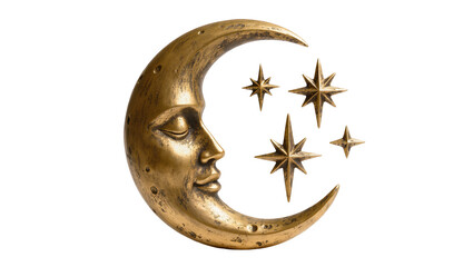 Golden crescent moon with face and stars, isolated on transparent background © TONSTOCK