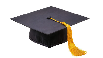Black graduation cap with golden tassel, isolated on transparent background © TONSTOCK