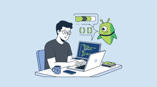 man working on laptop with green bug virus