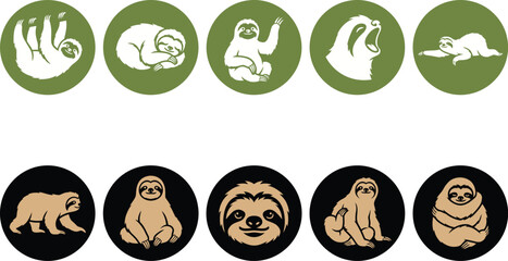 Obraz premium Ten stylized sloth illustrations arranged in circular icons showing various cute poses and happy facial expressions