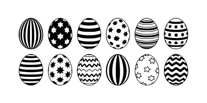 Easter Eggs Set with Black and White Striped and Star Patterns in Decorative Oval Shapes Featuring Holiday Design, Spring, Monochrome with Zigzag