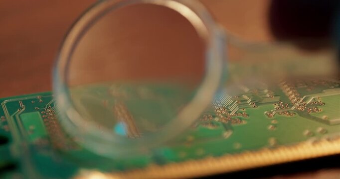 Macro shot of a technician or engineer examining electronic components and circuits on a green motherboard with a magnifying glass for quality control or repair.