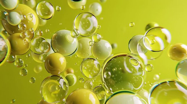 Abstract yellow and green liquid spheres floating and drifting slowly in a fluid cosmetic emulsion with soft studio reflections on a bright chartreuse surface