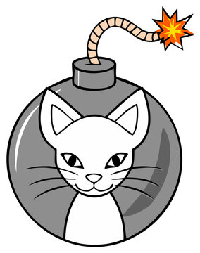 Cartoon cat face on a round bomb with a lit fuse explosion