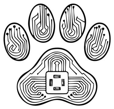 Abstract illustration of a digital paw print, circuits, and microchip elements