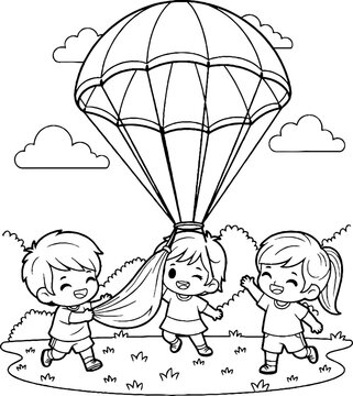 Three Happy Children Playing with Parachute Toy Outside.