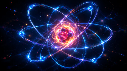 Obraz premium Atom with orbiting electrons and glowing nucleus | Physics and quantum mechanics illustration | Science visualization of atomic structure