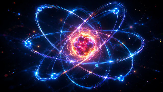 Atom with orbiting electrons and glowing nucleus | Physics and quantum mechanics illustration | Science visualization of atomic structure