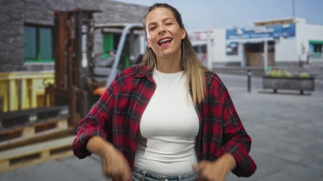Woman in red plaid shirt smiling and giving thumbs up beside forklift and stacked pallets on street; optimism resilience.