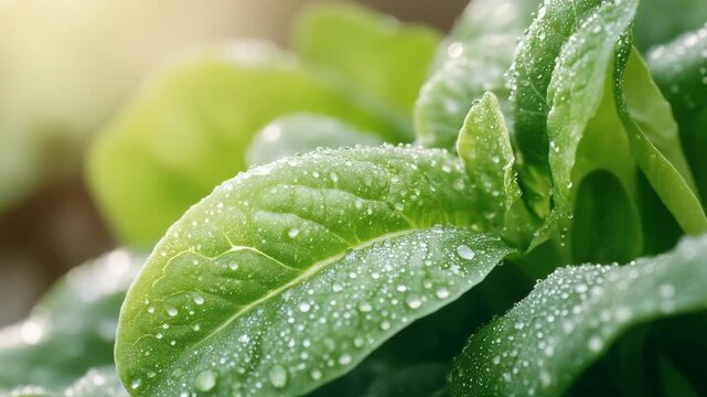 Water droplets rest on fresh green leaves in a garden that has just seen rain. Close-up view reveals the texture and details of the leaves in this natural setting