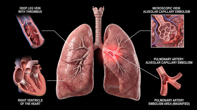 Pulmonary embolism progression: deep vein thrombosis in leg vein, right heart ventricle, embolus in pulmonary artery, and microscopic alveolar capillary blockage, detailed anatomical medical illustrat