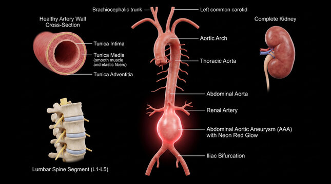 Human aorta with Abdominal Aortic Aneurysm (AAA) highlighted in red, displayed with a healthy artery wall cross-section, complete kidney, and lumbar spine segment, on black background.