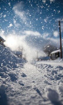 Snowy Winter Landscape with Falling Snow and Car Tracks