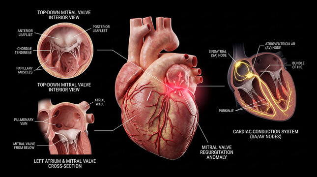 Human heart anatomy diagram showing mitral valve regurgitation anomaly, internal structure of mitral valve, and cardiac conduction system on black background.
