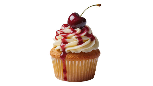 Golden cupcake with vanilla frosting cherry topping and red sauce, isolated on transparent background