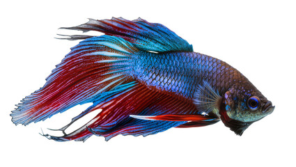 Fototapeta premium Vibrant Siamese fighting fish with flowing red and blue fins, isolated on transparent background