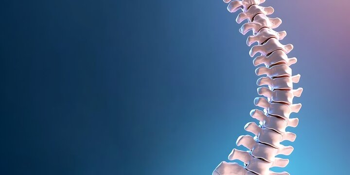 Close up medical 3d render of human spine vertebrae and discs on blue background.
