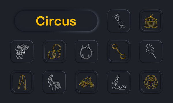 Circus set icon. Cannon launch, tent, clown kid, juggling rings, fire hoop, balance stick, cotton candy, clubs, horse ride, monkey bike, clown shoe, lion head symbols in neon outline style.
