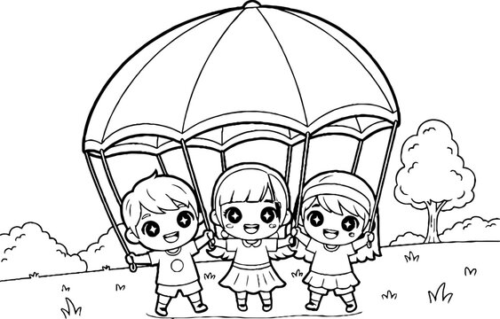 Three children holding colorful parachute outdoors together.