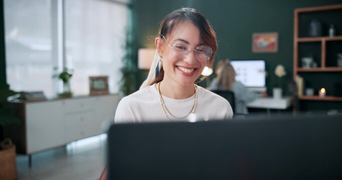 Success, woman and dance by laptop at agency for ad performance, campaign celebration and bonus. Coworking, happy person or tech with rhythm for pitch approval, marketing incentive or salary increase