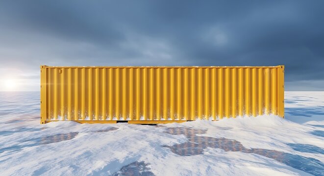 A vibrant yellow 20 foot container stands solitary against a vast frozen landscape under a dramatic winter sky representing global shipping logistics