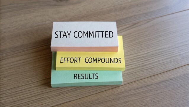 Inspiring Motivational Notes Stacked on Wooden Table Promoting Commitment, Effort, and Positive Results in Personal Growth Journey