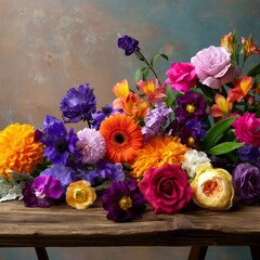 Fototapeta premium Bright Flowers Arranged on a Wooden Table in Daylight With Colorful Blooms Covering the Surface