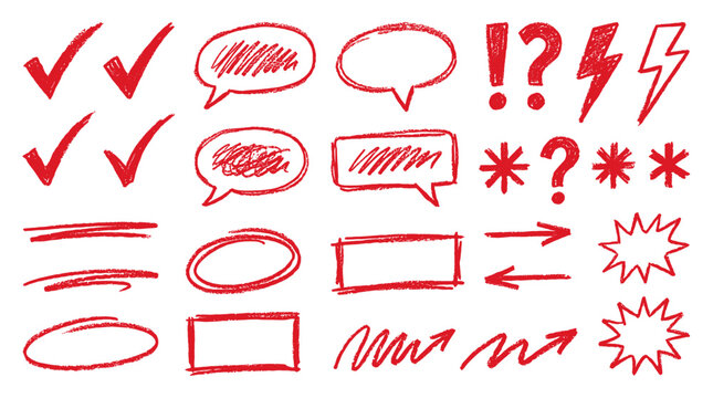 Red hand drawn emphasis marks and speech bubble doodle set