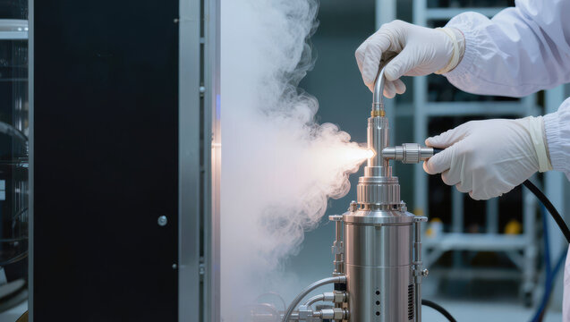 Gloved technician adjusting cryogenic vaporizer in laboratory emitting mist, clinical environment, precision work