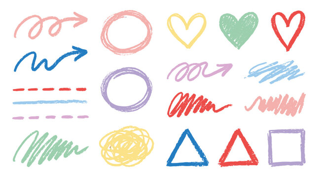 Hand drawn crayon doodle shapes and arrows vector set