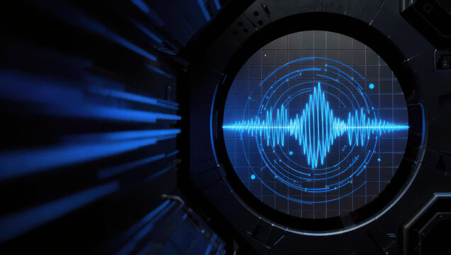 Blue sound waveform visualization futuristic control panel with glowing grid and circular interface, dynamic and technical