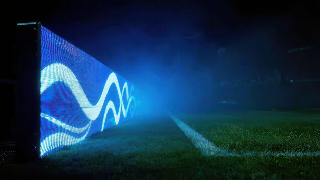 Digital scoreboard glowing display soccer field night stadium blue light sports field misty air illuminated panel grass field