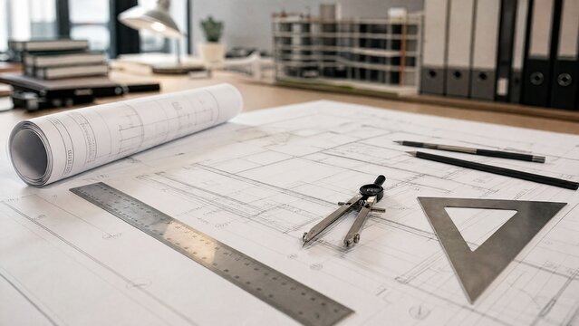 drafting. Architectural desk with blueprint and drafting tools in a clean modern office setting. real-estate listings.