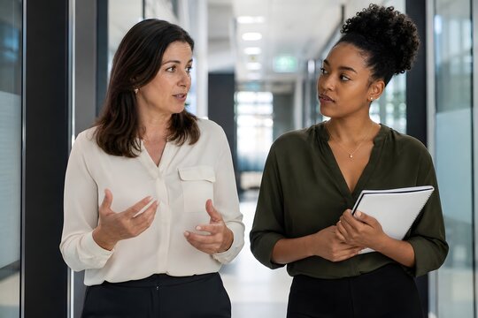 Two professional women engaged in conversation in a modern office setting.