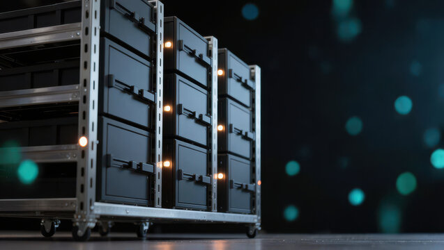 Data center server rack storage system, dark industrial technology scene