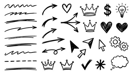 Fototapeta na wymiar Hand drawn marker doodle icon and arrow element set