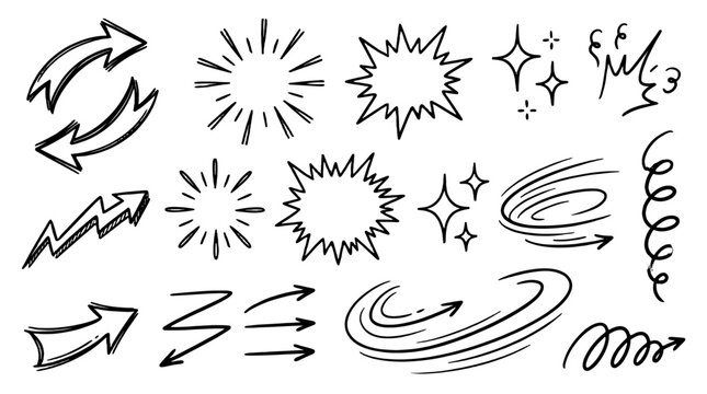 Hand drawn motion arrows and burst doodle element set