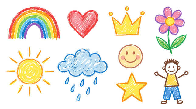 Hand drawn crayon doodle icon set with rainbow sun and child
