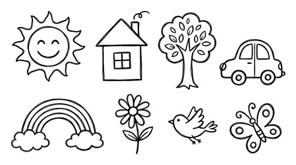 Fototapeta premium Cute hand drawn doodle set with sun house tree car and rainbow