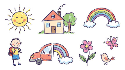 Naklejka premium Cute childlike doodle set with sun house rainbow and animals