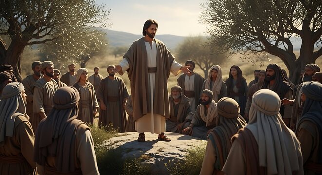 Jesus Christ preaching to a crowd of people outdoors in a serene natural landscape setting