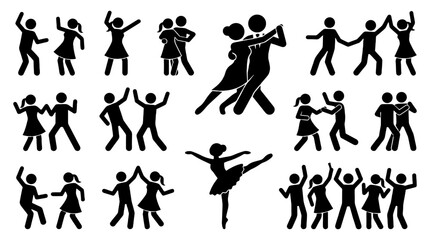 Black dancing stick figure pictogram icon set on white © Mark